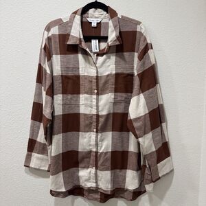 Old Navy Womens Sz 2XL XXL LS Flannel Boyfriend Brown Check Shirt Farmhouse NEW